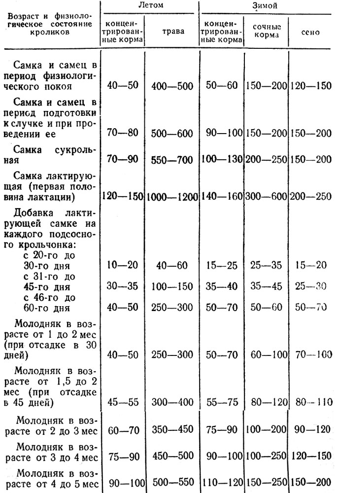 Таблица 3. Примерные суточные рационы для кроликов меховых пород с живой массой около 5 кг во взрослом состоянии (г)