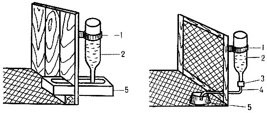 Поилки полуавтоматические: 1 - обруч для крепления резервуара (бутылки); 2 - резервуар для воды; 3 - пробка; 4 - резинка; 5 - поилка
